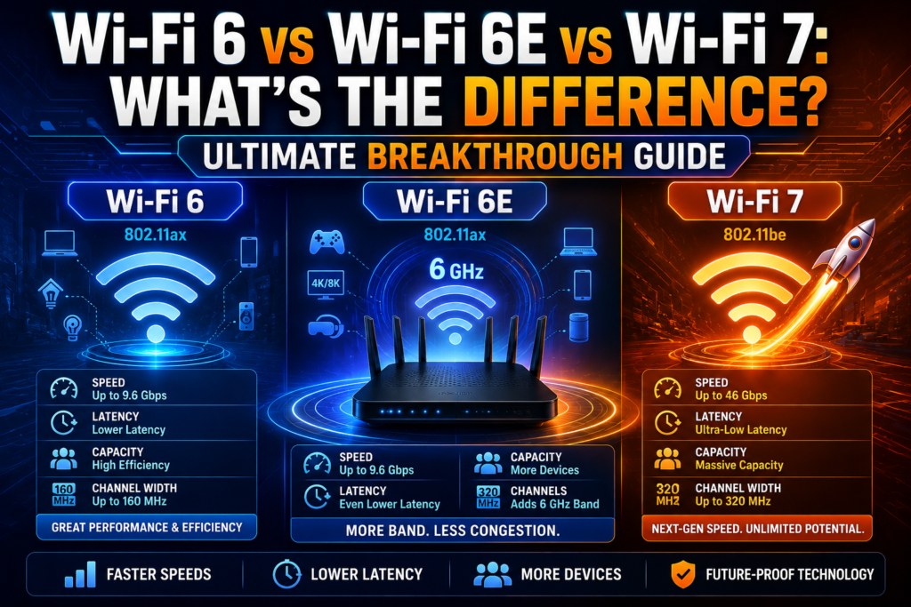 wi-fi 6 vs wi-fi 6e vs wi-fi 7 comparison infographic featuring next-generation wireless standards, a modern Wi-Fi router, speed and latency indicators, connected smart devices, and a vibrant blue and orange technology background illustrating the differences in performance, bandwidth, and capabilities between Wi-Fi 6, Wi-Fi 6E, and Wi-Fi 7.