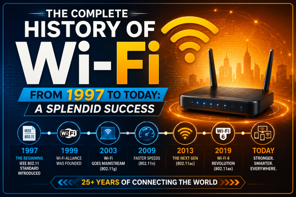wi-fi history: 1997 to today infographic featuring a modern wireless router, glowing Wi-Fi signal, timeline milestones from 1997 to today, and a vibrant blue and orange technology background illustrating the evolution and success of Wi-Fi technology.