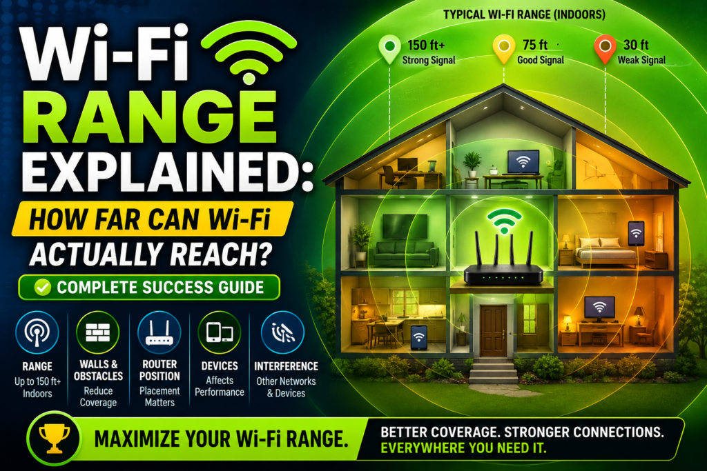 wi-fi range explained infographic showing a wireless router broadcasting signal coverage throughout a multi-room house, with visual indicators for strong, medium, and weak Wi-Fi zones, illustrating how far Wi-Fi can reach and the factors that affect wireless network range.