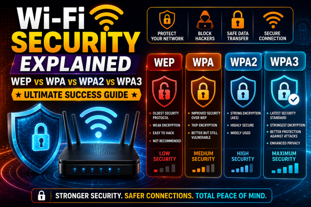wi-fi security explained infographic comparing WEP, WPA, WPA2, and WPA3 wireless security protocols, featuring a secure Wi-Fi router, cybersecurity shield, lock icons, encryption levels, and a vibrant two-color technology background illustrating wireless network protection and security standards.