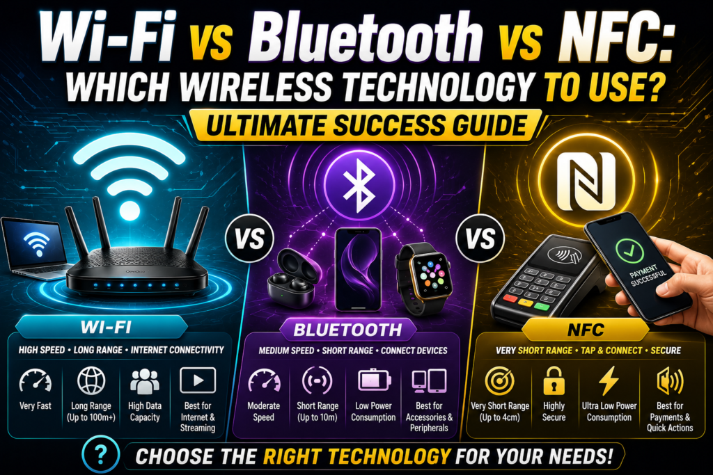wi-fi vs bluetooth vs nfc comparison infographic featuring a Wi-Fi router, Bluetooth-enabled devices, NFC contactless payment technology, smartphones, smartwatches, wireless earbuds, and signal icons on a vibrant multi-color technology background, illustrating the differences in speed, range, power consumption, and real-world use cases of Wi-Fi, Bluetooth, and NFC.