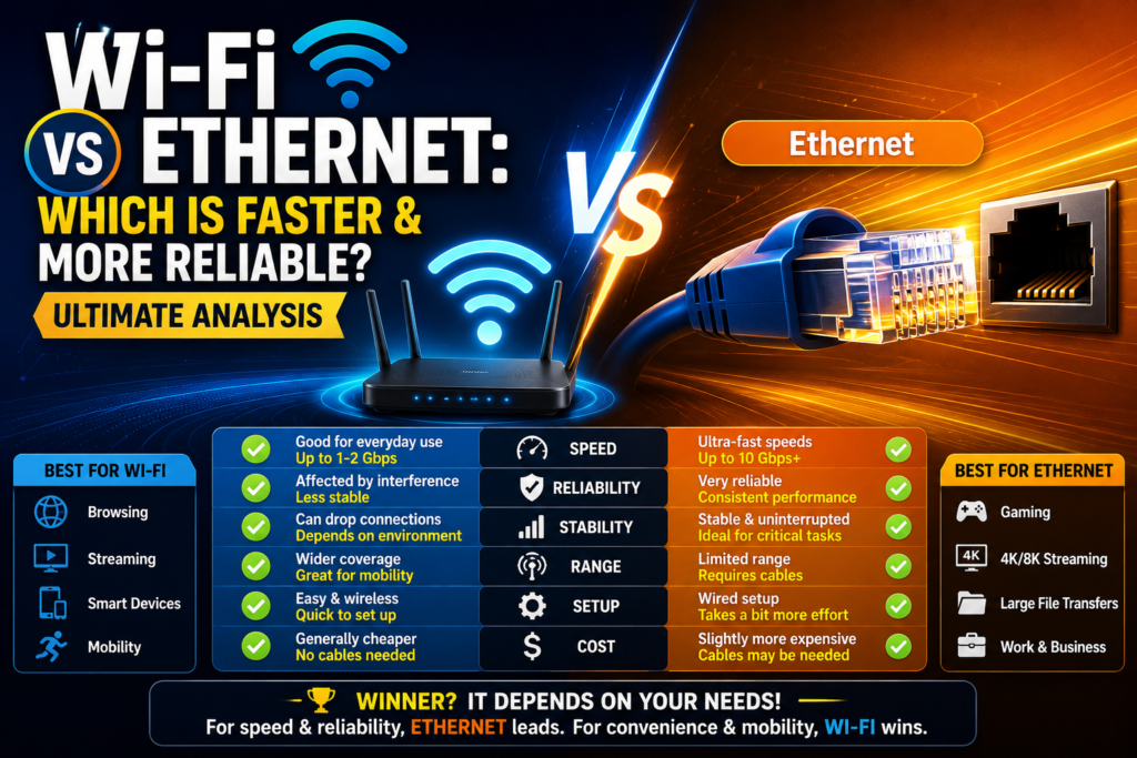 wi-fi vs ethernet comparison infographic featuring a wireless router and Ethernet cable side by side, highlighting differences in speed, reliability, latency, coverage, and connectivity with a vibrant blue and orange technology background.