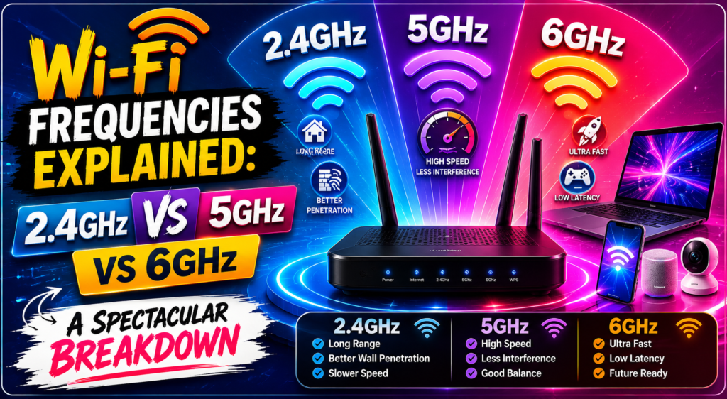 wireless frequency bands comparison infographic showing 2.4GHz, 5GHz, and 6GHz Wi-Fi frequency bands with a modern wireless router, signal waves, connected devices, and a vibrant two-color technology background illustrating differences in speed, range, latency, and performance.