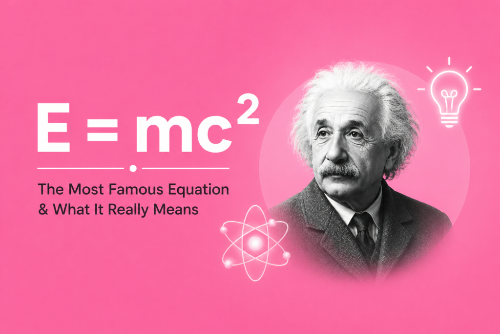 E=mc²: The Most Famous Equation Ever Written & What It Really Means E = mc² explained illustrated with Albert Einstein, the famous equation E = mc², glowing atomic energy, light rays, and science symbols, showing how mass and energy are equivalent according to Einstein's theory of special relativity on a pink background.