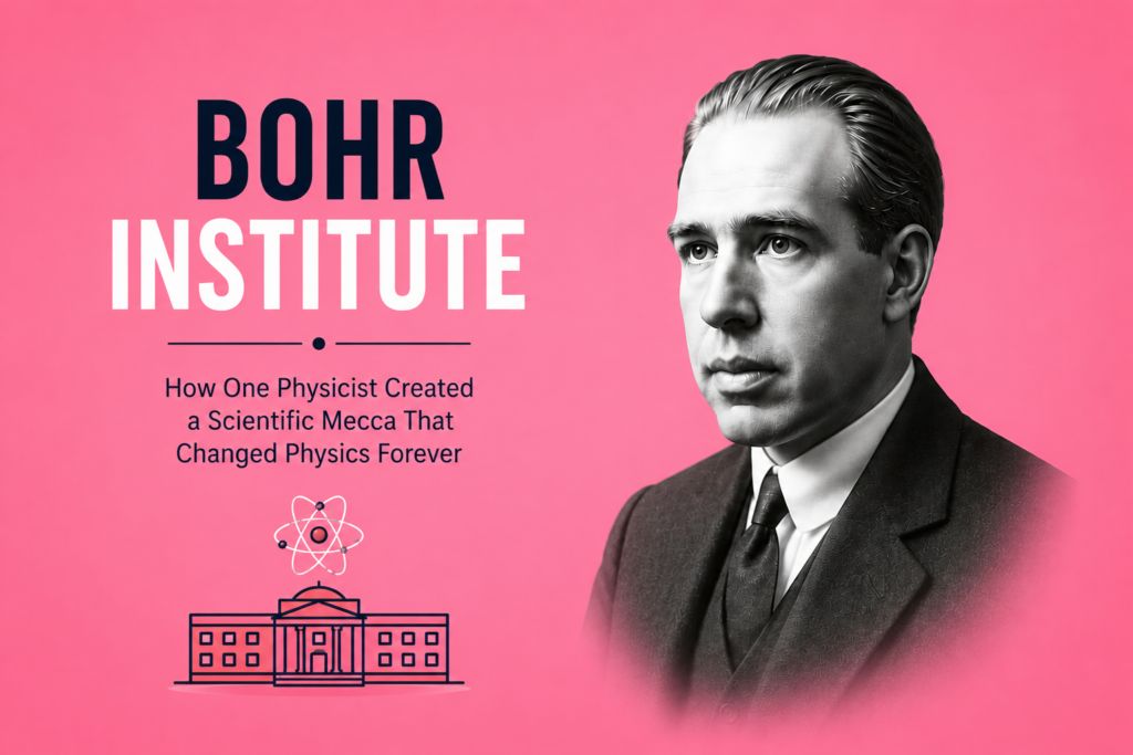 Bohr Institute illustrated with a portrait of Niels Bohr, a historic research institute building, and an atomic symbol above it, representing the world-famous institute that became a global center for quantum physics research and collaboration, on a pink background.