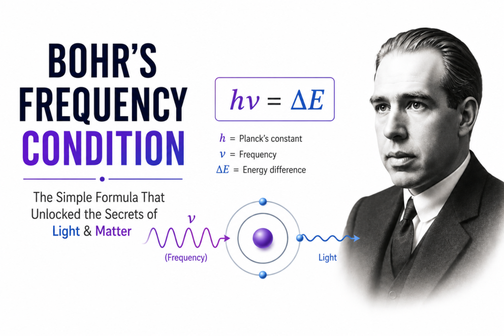 Bohr's Frequency Condition: The Simple Formula That Unlocked the Secrets of Light & Matter Bohr's frequency condition illustrated with a portrait of Niels Bohr, an atom with electrons transitioning between energy levels, and light waves representing emitted or absorbed photons, highlighting Bohr's frequency condition that connected atomic energy changes with the frequency of light on a clean white background.
