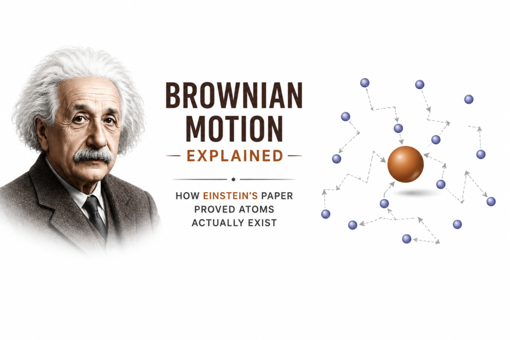 Brownian Motion Explained: How Einstein's Paper Proved Atoms Actually Exist Brownian motion explained illustrated with Albert Einstein, microscopic particles moving randomly in a fluid, zigzag motion paths, and atomic collisions, showing how Einstein's work on Brownian motion provided strong evidence that atoms and molecules really exist on a clean white background.