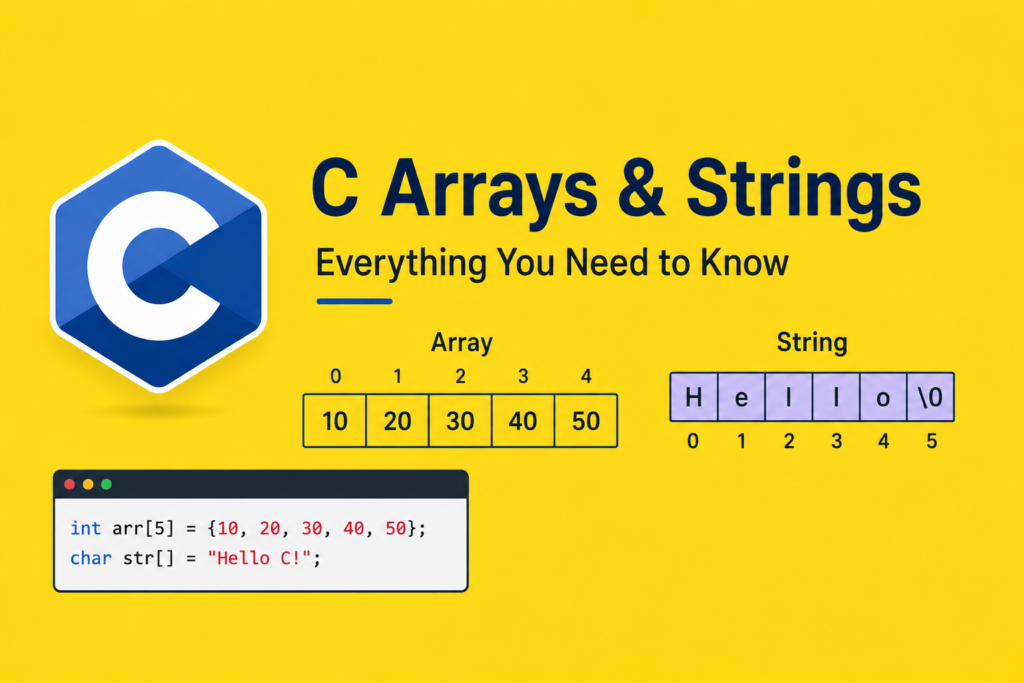 C Arrays & Strings: Everything You Need to Know C arrays and strings illustrated with the C programming language logo, an indexed integer array, a character string stored in memory, and simple code snippets, demonstrating how arrays and strings are used to organize and manipulate data in C on a bright yellow background.