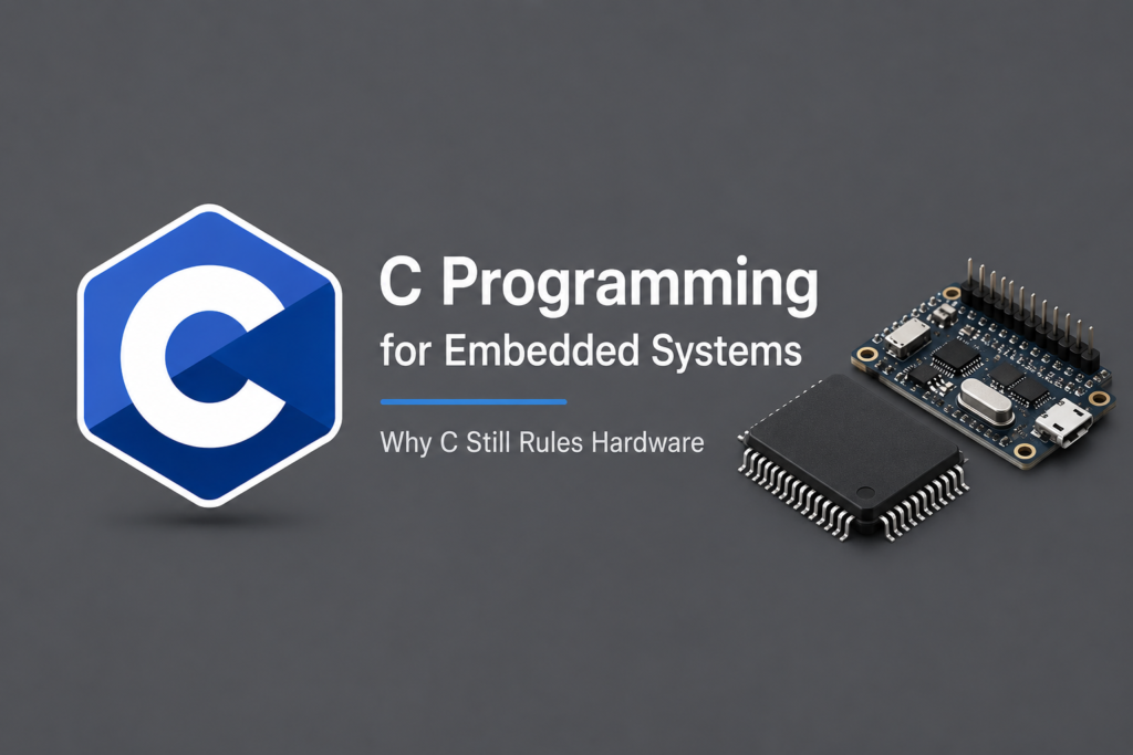 C Programming for Embedded Systems: Why C Still Rules Hardware C for embedded systems illustrated with the C programming language logo, a microcontroller, embedded circuit board, processor chip, and hardware components, highlighting how C is used to develop efficient software for embedded devices on a grey background.
