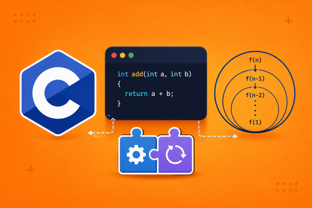 C functions and recursion illustrated with the C programming language logo, a function code snippet, recursion flow diagram, and coding symbols, demonstrating how functions and recursive calls work together in C programming on a bright orange background.