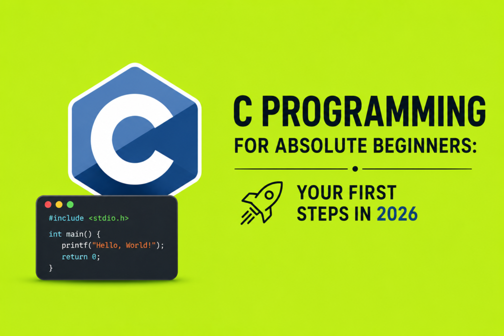 C Programming for Absolute Beginners: Your First Steps in 2026 C programming for beginners illustrated with the C programming language logo, a coding terminal displaying a simple C program, code brackets, and a rocket icon symbolizing learning, representing an easy introduction to C programming on a bright lime green background.