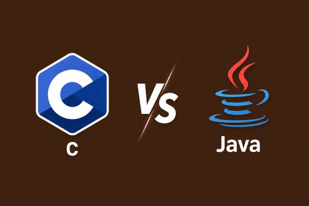 C vs Java illustrated with the C and Java programming language logos facing each other, a bold VS symbol, and clean programming-themed graphics, highlighting the key differences between C and Java on a brown background.