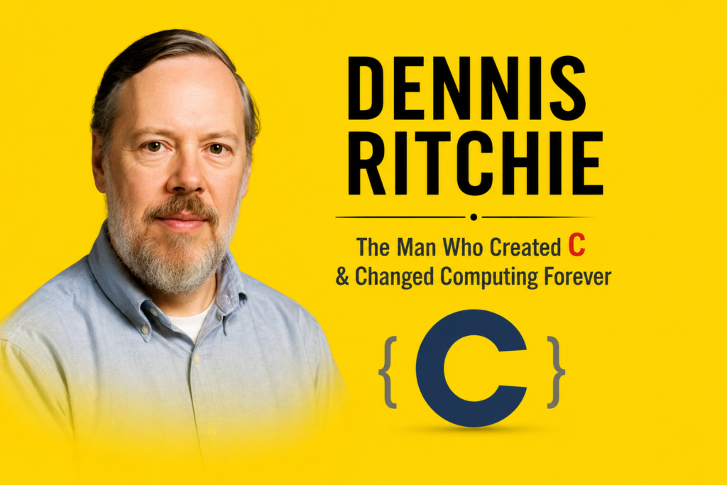 Dennis Ritchie illustrated with a realistic portrait of Dennis Ritchie, a large C programming language symbol, code brackets, and clean computing-themed graphics, highlighting the creator of the C programming language and his lasting impact on modern computer science on a bright yellow background.