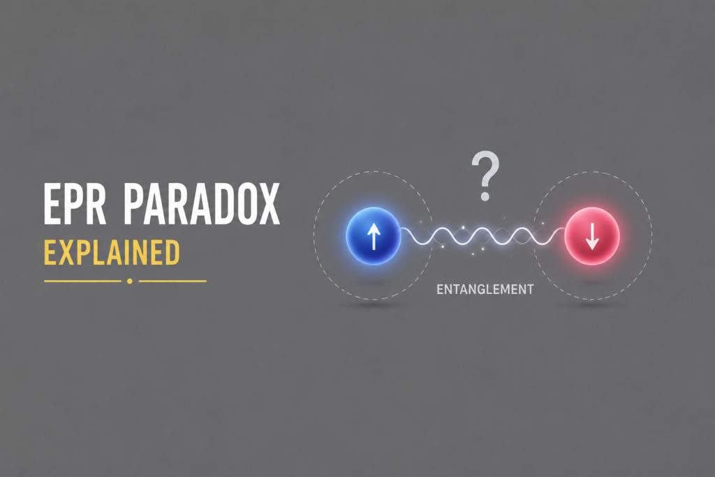 The EPR Paradox Explained: How Einstein Challenged Bohr & Quantum Mechanics Itself EPR Paradox illustrated with two entangled quantum particles connected by a glowing wave, symbolizing Albert Einstein, Boris Podolsky, and Nathan Rosen's famous thought experiment challenging quantum mechanics and Niels Bohr's interpretation, on a clean grey background.