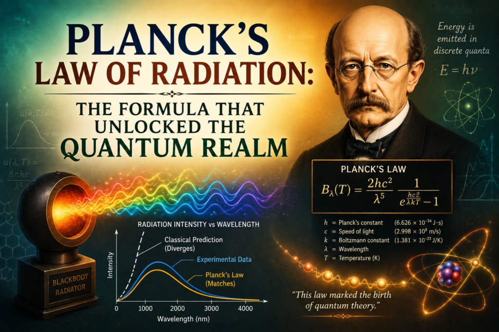 Planck's law of radiation illustration featuring Max Planck, blackbody radiation curves, colorful electromagnetic waves, the Planck radiation formula, glowing energy quanta, and a teal-to-gold scientific background representing the foundation of quantum physics.