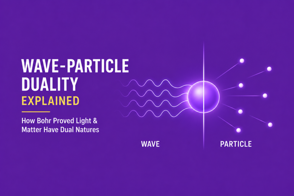 Wave-particle duality illustrated with light waves smoothly transforming into particles around a glowing atom, symbolizing the dual nature of light and matter in quantum physics, inspired by Niels Bohr's interpretation of quantum mechanics, on a purple background.