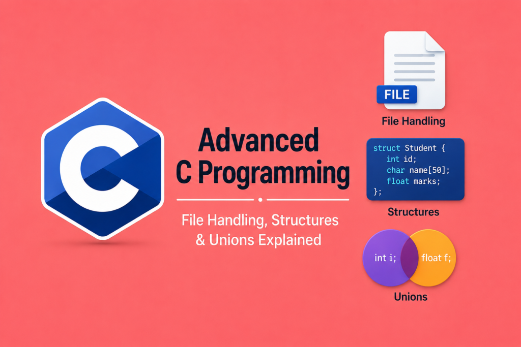 Advanced C Programming: File Handling, Structures & Unions Explained Advanced C programming illustrated with the C programming language logo, file icons, code snippets, structures, unions, and data organization graphics, representing advanced C concepts such as file handling, structures, and unions on a light red background.