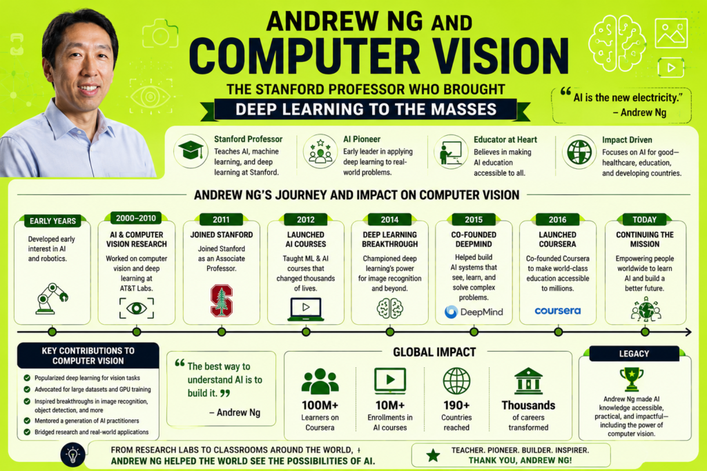 Andrew Ng and Computer Vision: The Stanford Professor Who Brought Deep Learning to the Masses Andrew Ng and Computer Vision illustration featuring Andrew Ng with AI, deep learning, neural network, and computer vision icons, highlighting his contributions to image recognition, AI education, and modern computer vision on a lime green background.