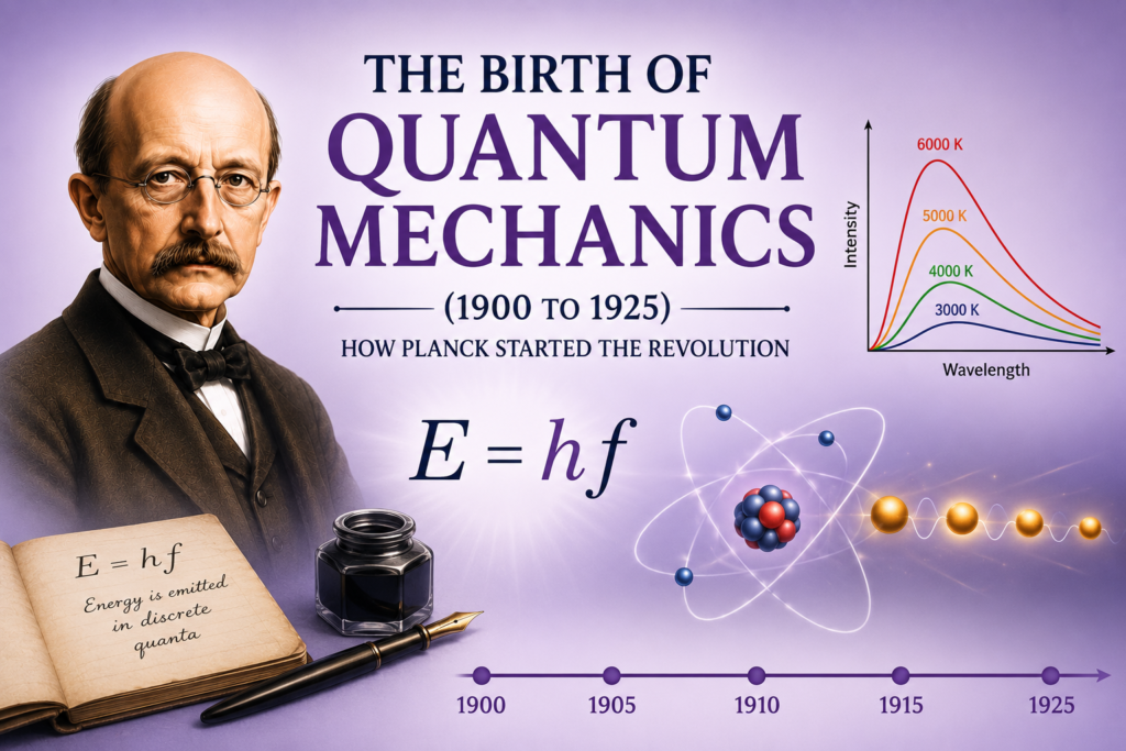 Birth of quantum mechanics illustration featuring Max Planck, glowing energy quanta, atomic model, blackbody radiation graph, and a soft purple scientific background symbolizing the revolutionary beginnings of quantum physics between 1900 and 1925.