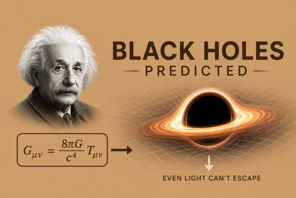 Black holes predicted illustrated with Albert Einstein, a massive black hole surrounded by a glowing accretion disk, curved spacetime grid, and bending light rays, showing how Einstein's general relativity predicted the existence of objects so massive that even light cannot escape.