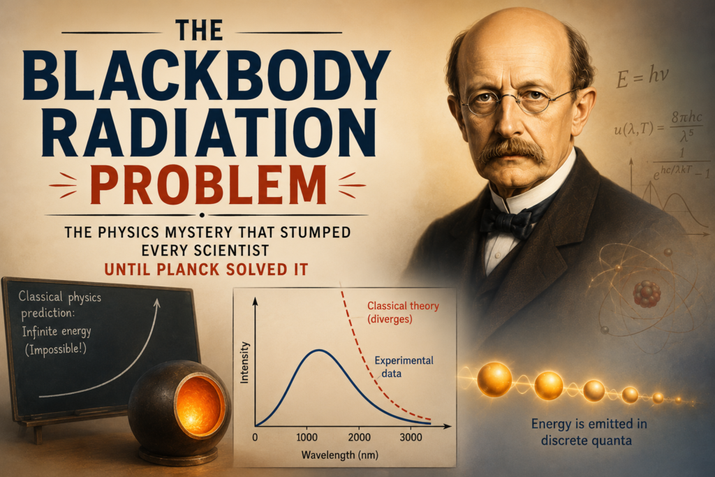 Blackbody radiation problem illustration featuring Max Planck, a glowing blackbody furnace, radiation intensity graph, energy quanta, and a warm beige scientific background representing the physics mystery that led to the birth of quantum theory.
