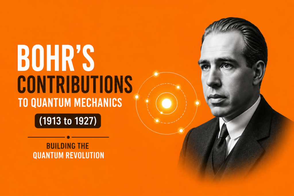 Bohr's contributions to quantum mechanics illustrated with a portrait of Niels Bohr, a glowing atomic model, and quantum orbit symbols representing his groundbreaking work from 1913 to 1927 that helped establish the foundations of modern quantum mechanics, on a vibrant orange background.