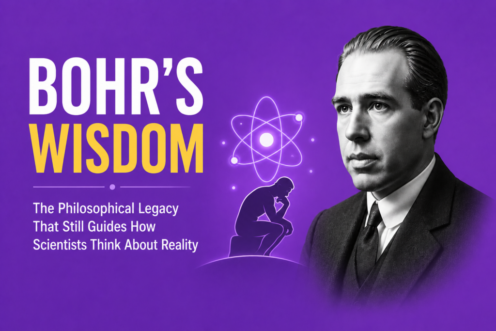 Bohr's philosophical legacy illustrated with a portrait of Niels Bohr, a glowing atomic symbol, and a contemplative silhouette representing the deep philosophical impact of quantum mechanics on scientific thought and our understanding of reality, on a rich purple background.