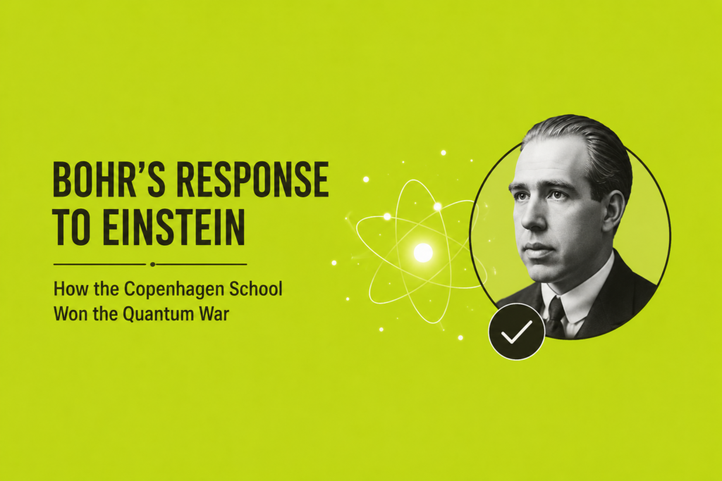 Bohr's Response to Einstein: How the Copenhagen School Won the Quantum War Bohr response to Einstein illustrated with a portrait of Niels Bohr, a glowing atom, and quantum wave patterns, symbolizing Bohr's defense of the Copenhagen interpretation against Albert Einstein's objections to quantum mechanics on a vibrant lime-green background.