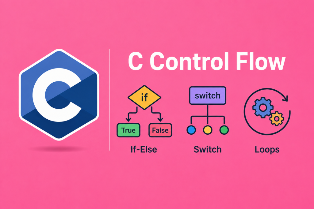 C Control Flow: If-Else, Switch & Loops Explained with Examples C control flow illustrated with the C programming language logo, flowchart icons for if-else, switch, and loops, demonstrating how control statements direct program execution on a bright pink background.