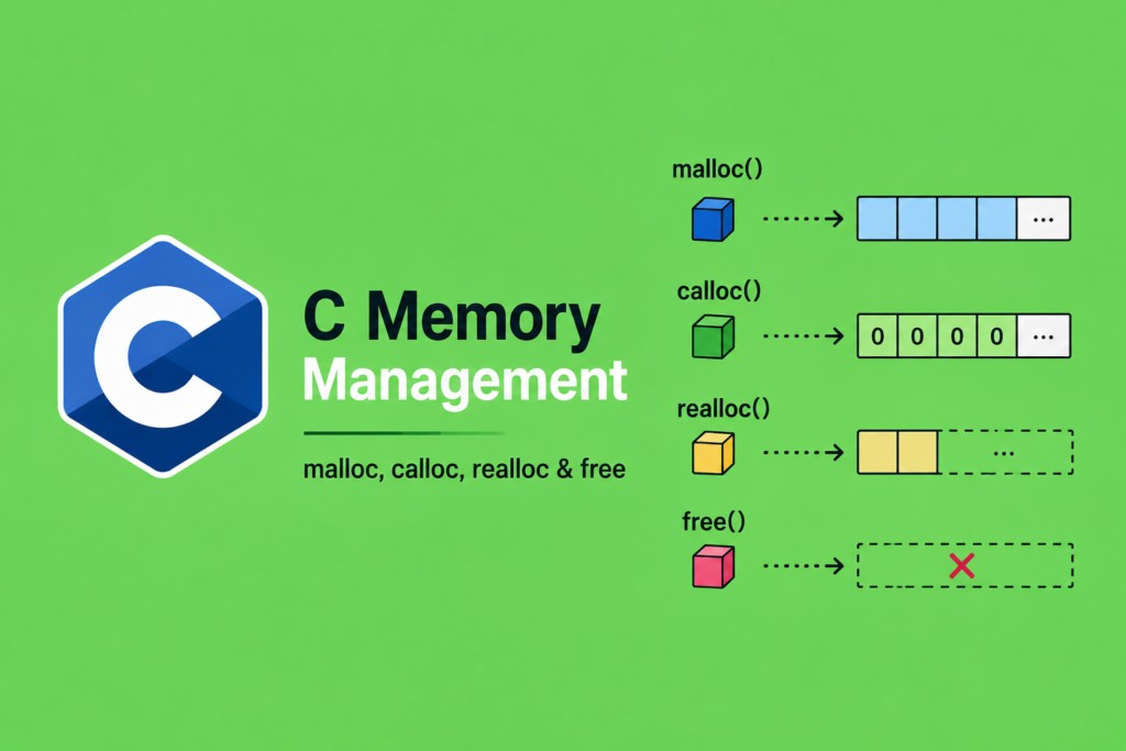 C Memory Management: malloc, calloc, realloc & free Explained C memory management illustrated with the C programming language logo, memory blocks, and diagrams representing malloc(), calloc(), realloc(), and free(), demonstrating dynamic memory allocation and deallocation in C on a green background.