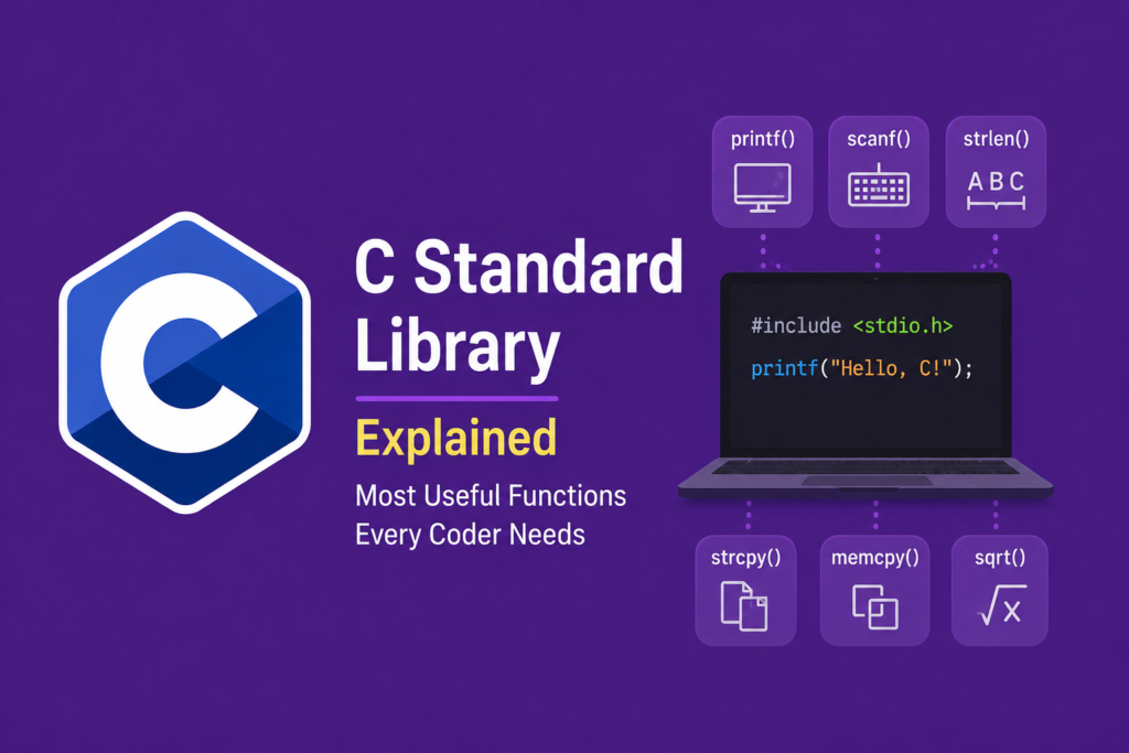 C Standard Library Explained: Most Useful Functions Every Coder Needs C standard library illustrated with the C programming language logo, a code editor, function icons such as printf(), scanf(), strlen(), and malloc(), representing the most commonly used functions in the C Standard Library on a purple background.