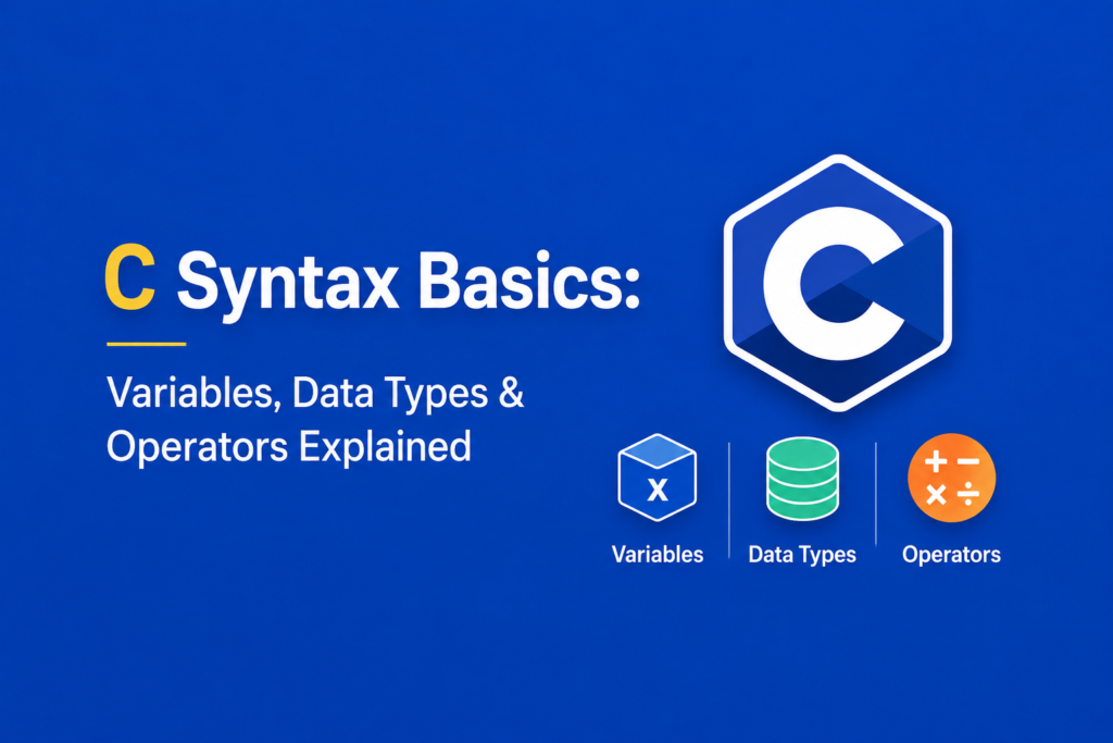 C Syntax Basics: Variables, Data Types & Operators Explained C syntax basics illustrated with the C programming language logo, symbols representing variables, data types, and operators, along with simple coding icons, highlighting the fundamental syntax concepts every C beginner should learn on a blue background.