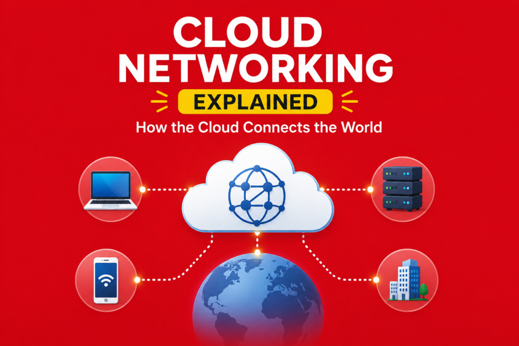 Cloud Networking Explained: How the Cloud Connects the World Cloud networking explained illustrated with a central cloud connecting laptops, smartphones, servers, office buildings, and a global network, showing how cloud infrastructure enables secure communication and data sharing across the world on a red background.