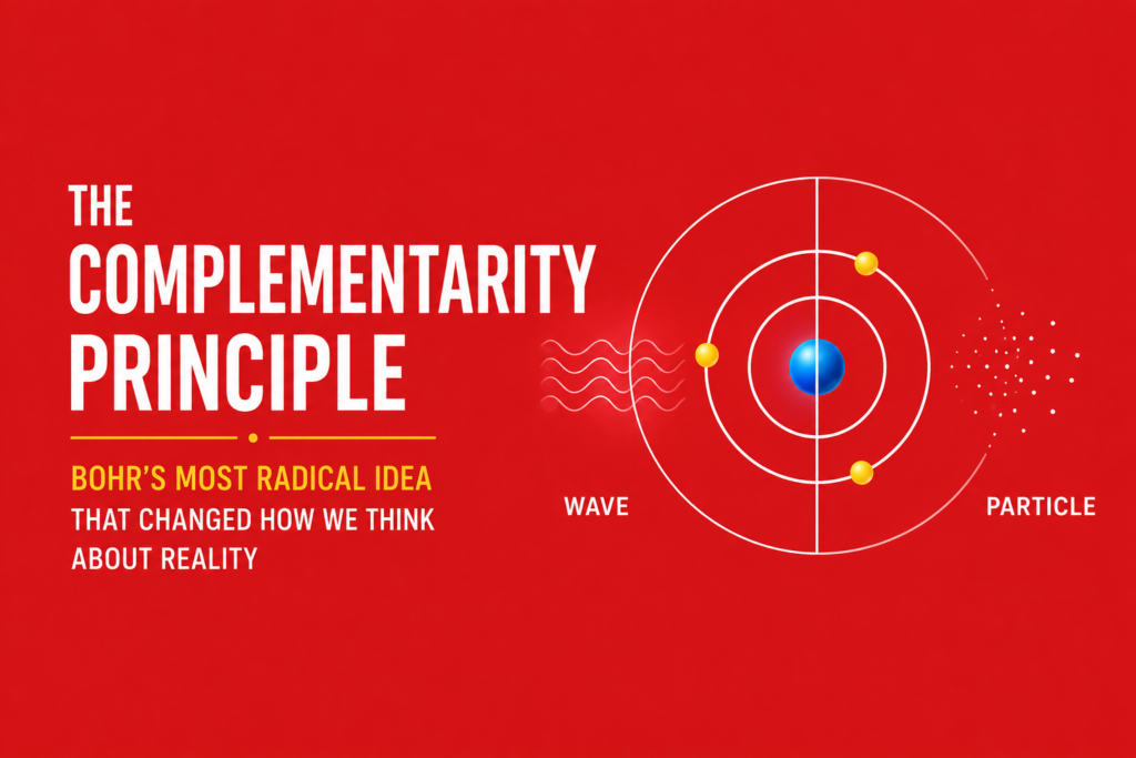 The Complementarity Principle: Bohr's Most Radical Idea That Changed How We Think About Reality Complementarity principle illustrated with a stylized atom divided into wave and particle representations, symbolizing Niels Bohr's idea that light and matter exhibit complementary behaviors depending on how they are observed, on a bold red background.
