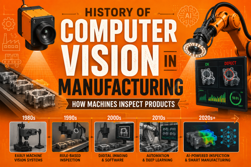 History of Computer Vision in Manufacturing: How Machines Inspect Products Computer vision in manufacturing illustrated with AI-powered inspection systems on a bright orange industrial background. The design features smart cameras, robotic arms, conveyor belts, and automated quality control monitoring production lines. It highlights how machine vision detects defects, inspects products, and improves manufacturing accuracy using artificial intelligence. The futuristic artwork represents the evolution of computer vision in modern factories and industrial automation. Ideal for articles about the history and advancement of computer vision in manufacturing.