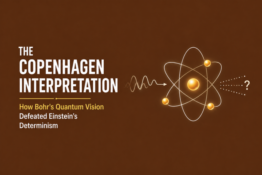 Copenhagen interpretation illustrated with a glowing atom, quantum wave patterns, and a subtle question mark representing probability and observation, symbolizing Niels Bohr's interpretation of quantum mechanics that measurements determine quantum outcomes, on a brown background.