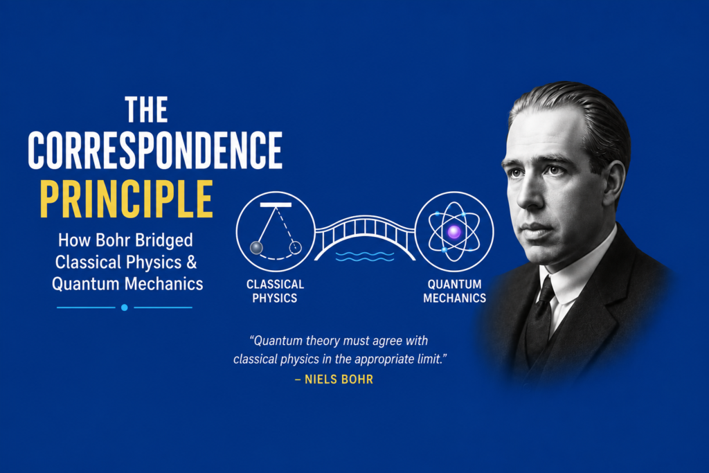 Correspondence principle illustrated with a portrait of Niels Bohr, a bridge connecting classical physics symbols to quantum atomic models, symbolizing Bohr's principle that quantum mechanics approaches classical physics at large scales, on a deep blue background.
