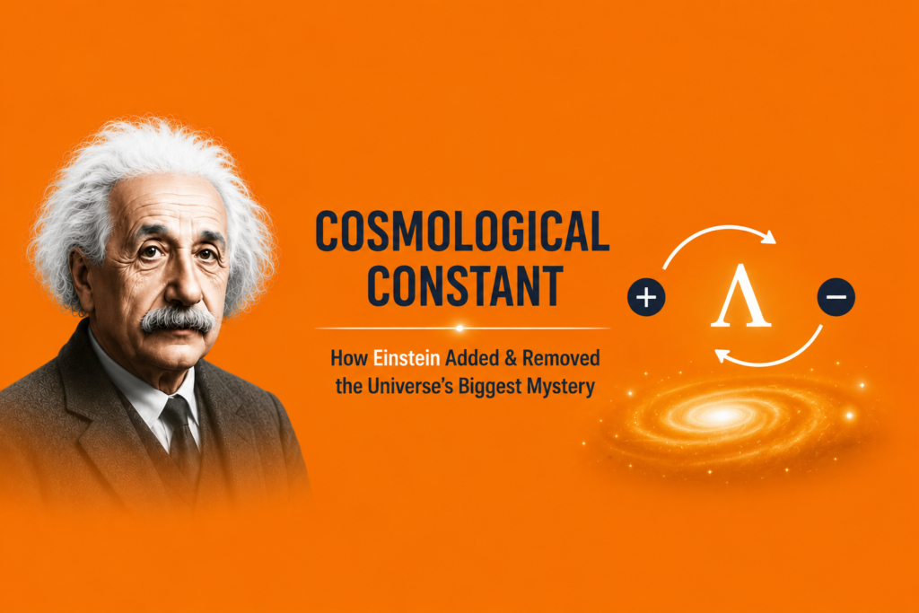 Cosmological Constant: How Einstein Added & Removed the Universe's Biggest Mystery Cosmological constant explained illustrated with Albert Einstein, the Greek letter Λ (Lambda), an expanding universe filled with galaxies, curved spacetime, and cosmic energy, representing Einstein's cosmological constant and its role in the expansion of the universe on a vibrant orange background.