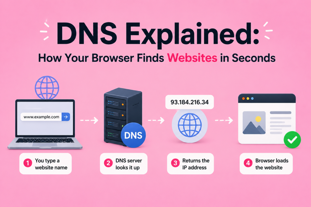DNS explained illustrated with a laptop entering a website address, a DNS server, IP address lookup, and a webpage loading, connected by arrows to show how the Domain Name System quickly translates domain names into IP addresses on a pink background.