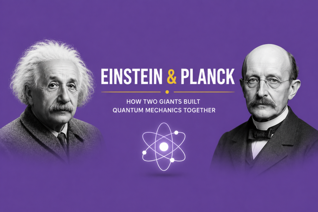 Einstein and Max Planck illustrated with Albert Einstein and Max Planck facing each other, a glowing atom, quantum symbols, light waves, and scientific formulas, representing their combined contributions to the foundations of quantum mechanics on a purple background.