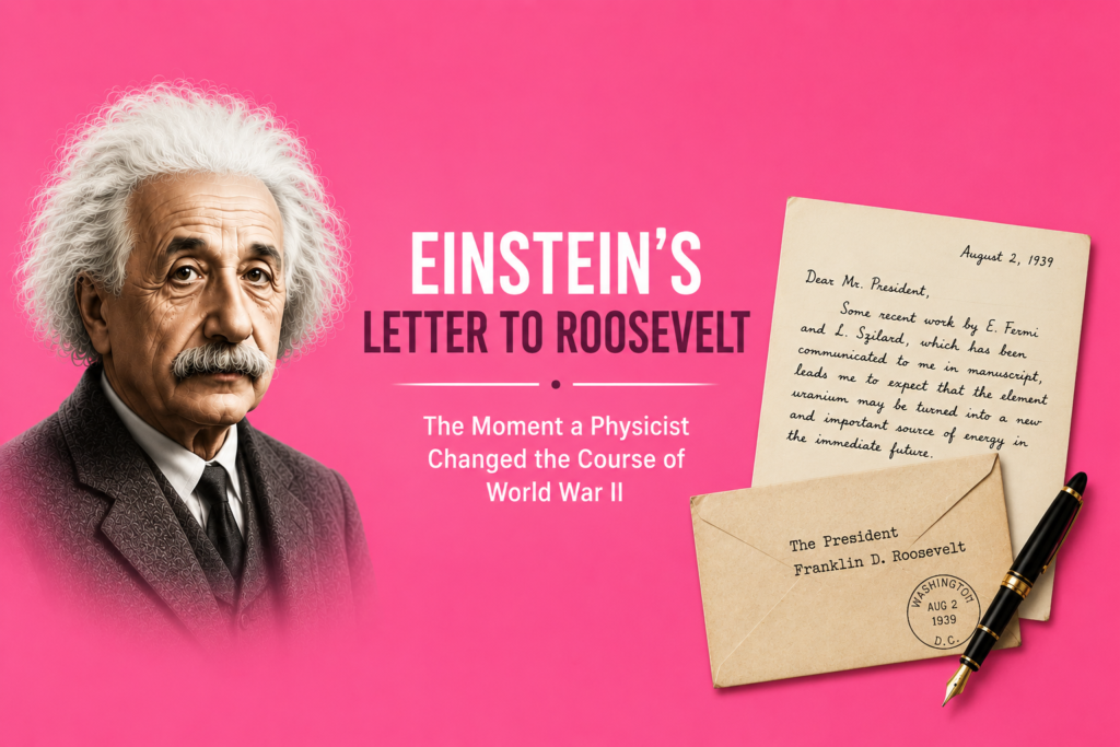 Einstein's Letter to Roosevelt: The Moment a Physicist Changed the Course of World War IIcreate in pink back Einstein letter to Roosevelt illustrated with Albert Einstein, a signed letter addressed to President Franklin D. Roosevelt, a fountain pen, and subtle World War II symbolism, representing the historic 1939 letter that warned about nuclear research and influenced the early development of the Manhattan Project on a pink background.