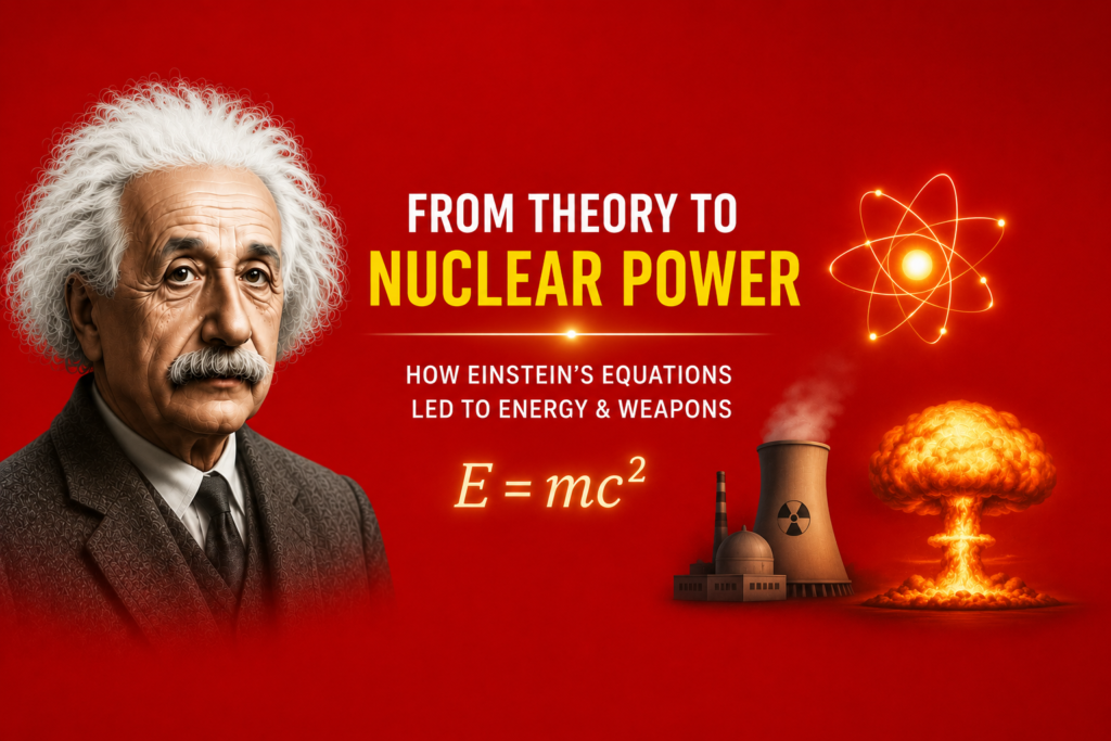 Einstein nuclear energy illustrated with Albert Einstein, the glowing equation E = mc², a peaceful nuclear power plant, an atomic symbol, and radiant energy, representing how Einstein's mass–energy equivalence laid the scientific foundation for both nuclear power and nuclear weapons on a bold red background.
