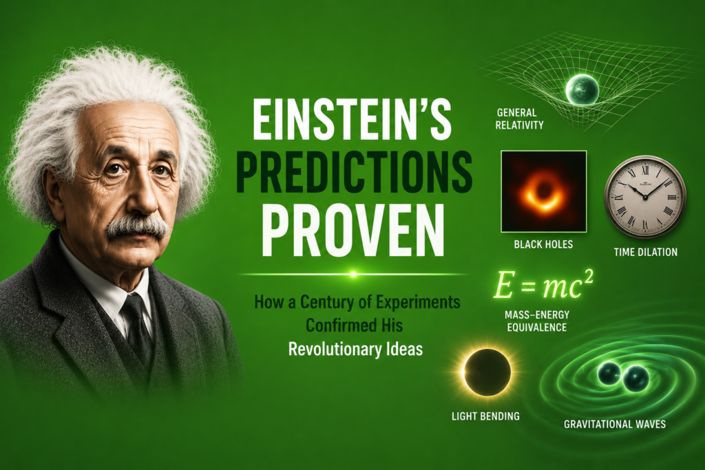 Einstein predictions proven illustrated with Albert Einstein, gravitational waves, curved spacetime, a black hole, light bending around massive objects, and the equation E = mc², representing how modern experiments confirmed Einstein's revolutionary theories over the past century on a green background.