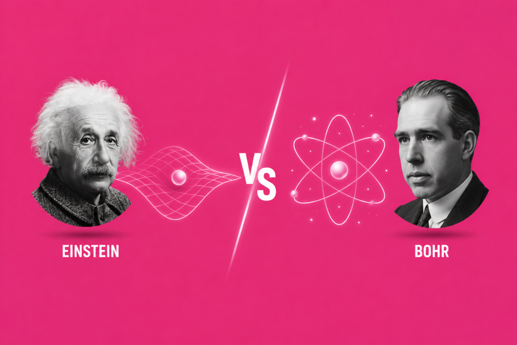 Einstein vs Bohr illustrated with portraits of Albert Einstein and Niels Bohr facing each other, separated by a bold VS symbol, with curved spacetime and atomic orbit graphics representing their famous debate over relativity and quantum mechanics on a vibrant pink background.