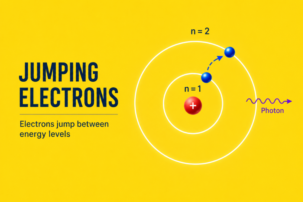 Jumping Electrons: How Bohr Explained Why Electrons Jump Between Energy Levels Electron energy jumps illustrated with a Bohr atom showing an electron transitioning between two quantized energy levels, a curved arrow indicating the jump, and a photon being emitted or absorbed during the transition, highlighting Bohr's explanation of atomic energy levels on a yellow background.