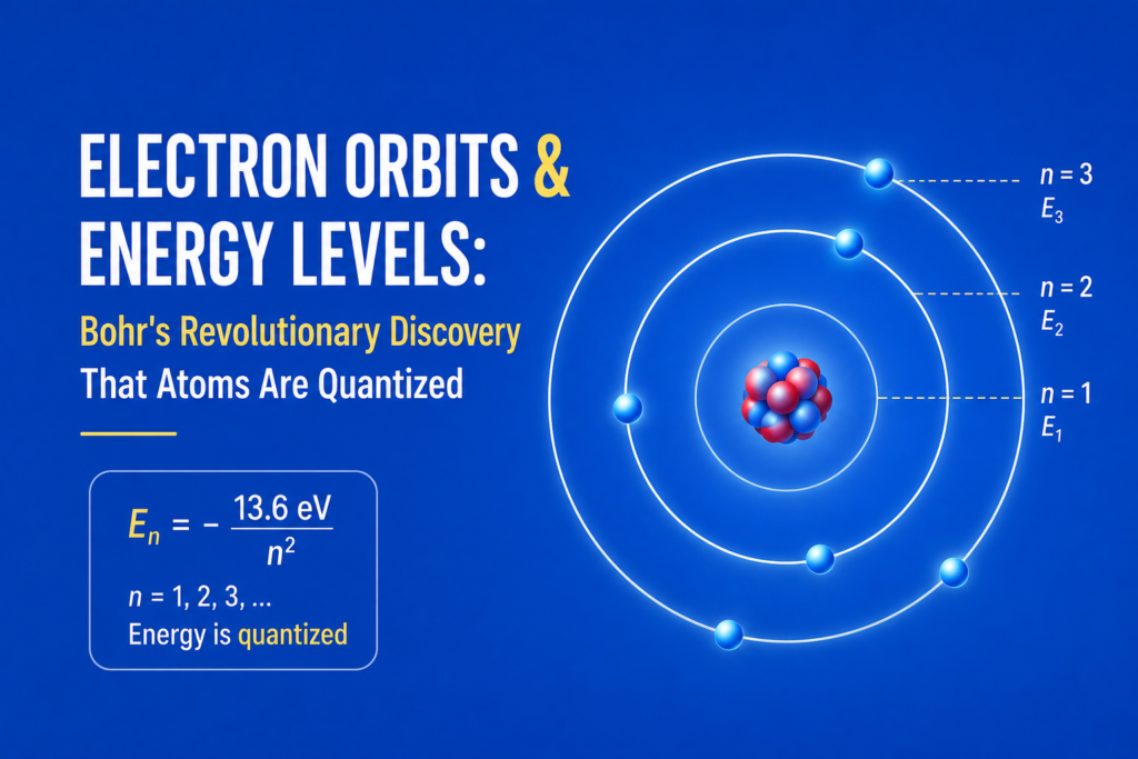 Electron Orbits & Energy Levels: Bohr's Revolutionary Discovery That Atoms Are Quantized Electron orbits and energy levels illustrated with a Bohr atom showing electrons traveling in fixed circular orbits around a central nucleus, with clearly marked energy levels, demonstrating the concept of quantized electron shells on a bright blue background.