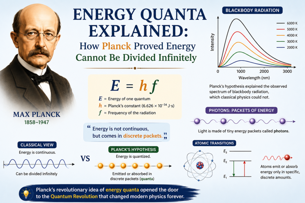 Energy Quanta Explained: How Planck Proved Energy Cannot Be Divided Infinitely Energy quanta illustration showing Max Planck, the equation E = hf, photon energy packets, blackbody radiation graph, atomic energy levels, and a blue educational background demonstrating that energy is emitted and absorbed in discrete quanta rather than infinitely divisible amounts.