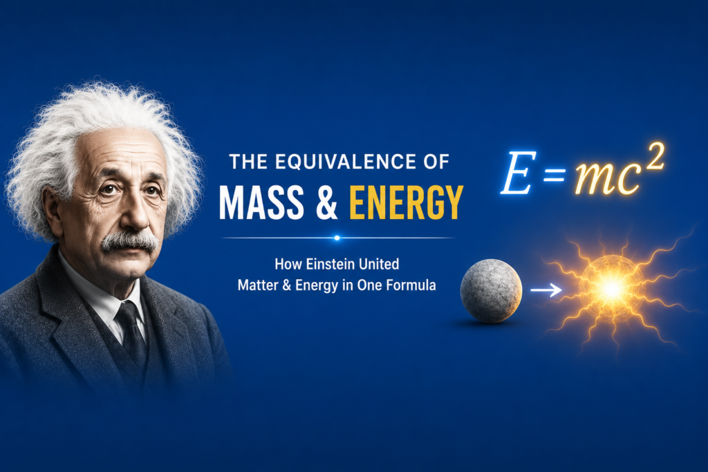 Equivalence of mass and energy illustrated with Albert Einstein, the glowing equation E = mc², matter transforming into radiant energy, atomic particles, and bursts of light, representing Einstein's revolutionary discovery that mass and energy are interchangeable on a blue background.