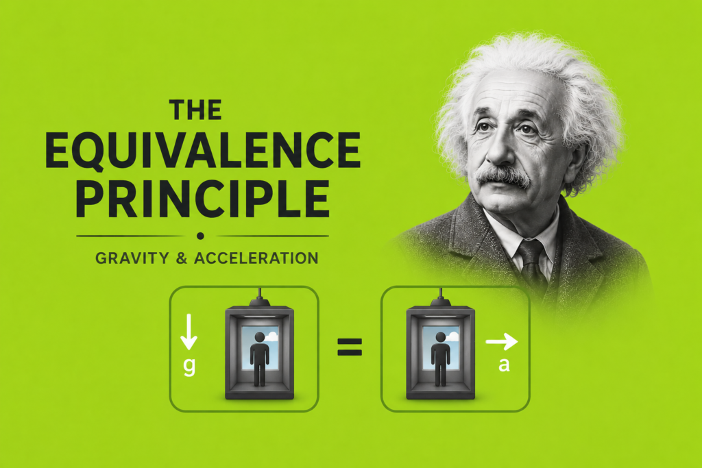 Equivalence principle explained illustrated with Albert Einstein, two elevators demonstrating gravity and acceleration, arrows showing equal effects, and spacetime concepts, explaining how Einstein's equivalence principle connects gravitational force with acceleration on a bright green background.