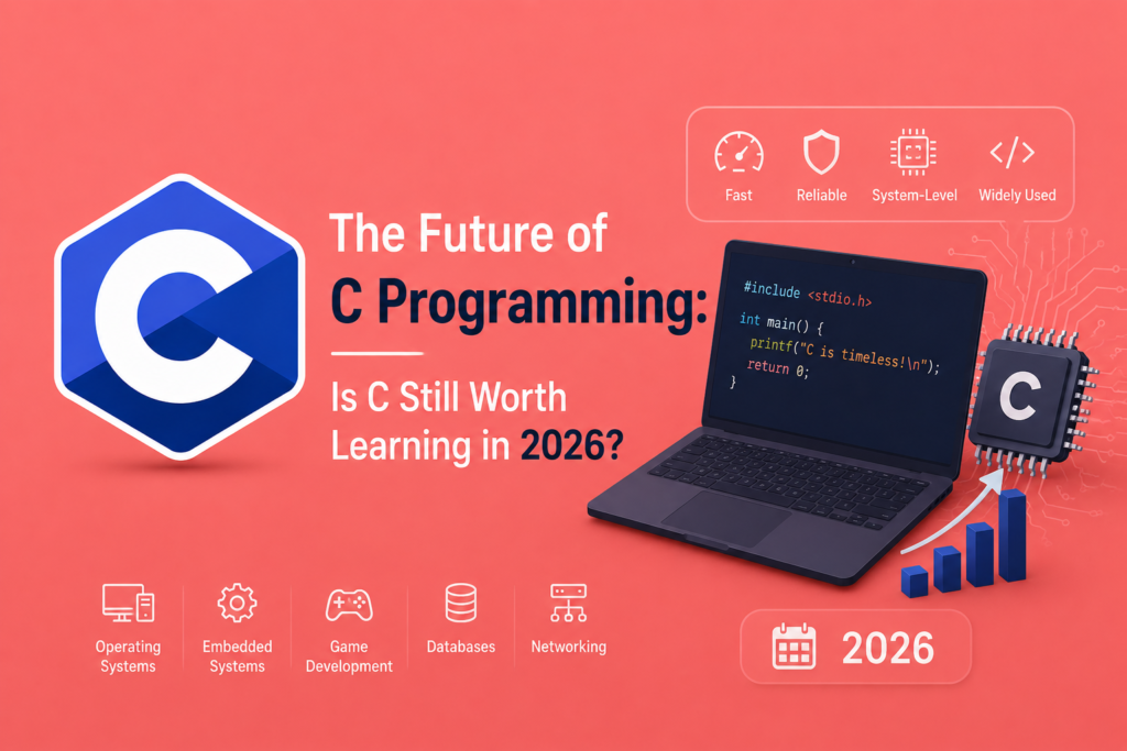 The Future of C Programming: Is C Still Worth Learning in 2026? Future of C programming illustrated with the C programming language logo, a modern computer, microchip, embedded hardware, and futuristic coding elements, highlighting the continued importance of C for systems programming, embedded development, and high-performance software in 2026.